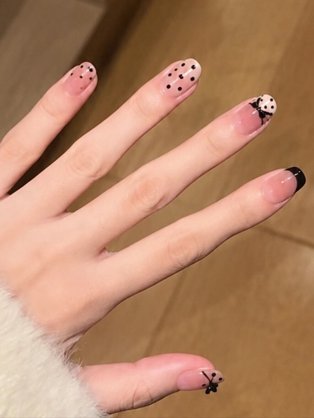 Coquette Press On Nails Small Blush Pink Black French Polka Dot Bow - Picture 2 of 8